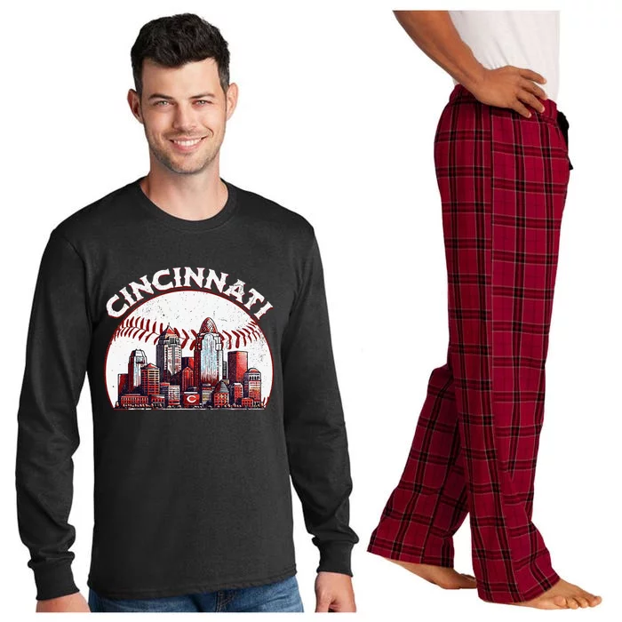 Vintage Cincinnati Cityscape Baseball Lover Long Sleeve Pajama Set