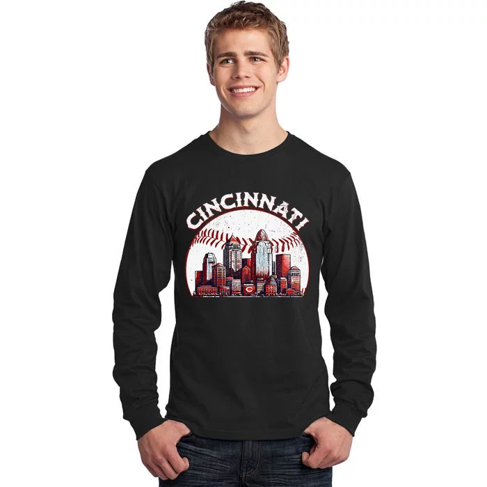 Vintage Cincinnati Cityscape Baseball Lover Tall Long Sleeve T-Shirt