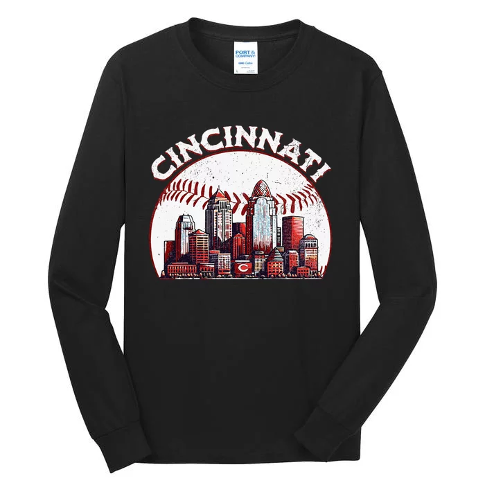 Vintage Cincinnati Cityscape Baseball Lover Tall Long Sleeve T-Shirt