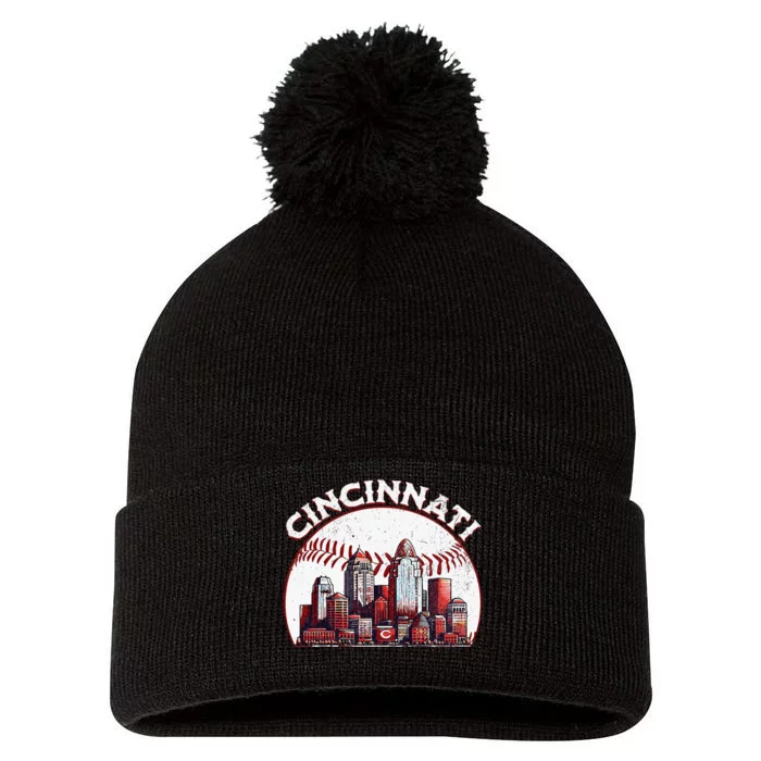 Vintage Cincinnati Cityscape Baseball Lover Pom Pom 12in Knit Beanie