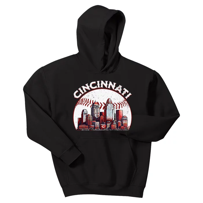 Vintage Cincinnati Cityscape Baseball Lover Kids Hoodie