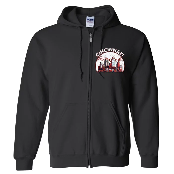 Vintage Cincinnati Cityscape Baseball Lover Full Zip Hoodie