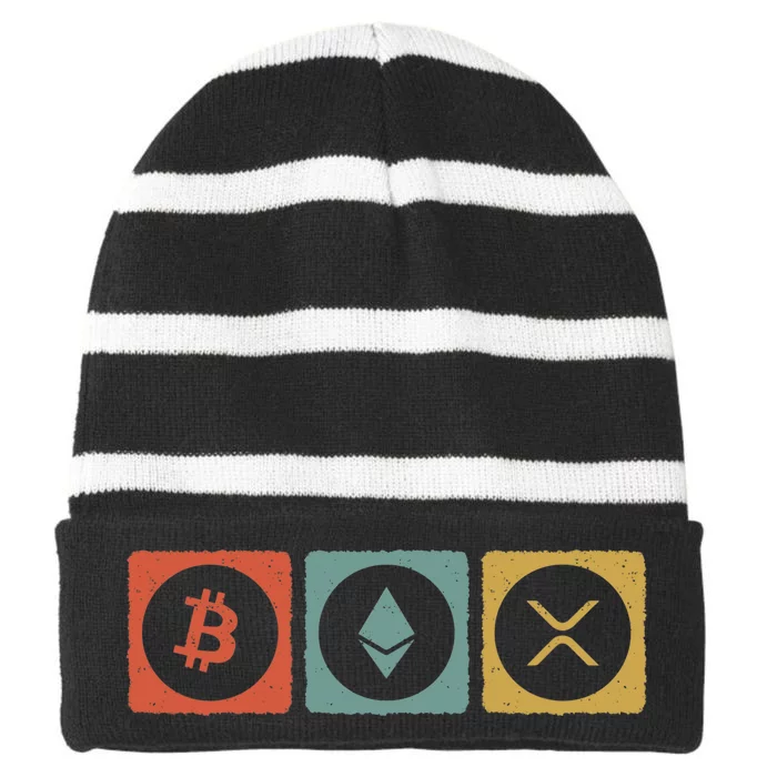 Vintage Crypto Cryptocurrency Crypto Ethereum Xrp Bitcoin Striped Beanie with Solid Band