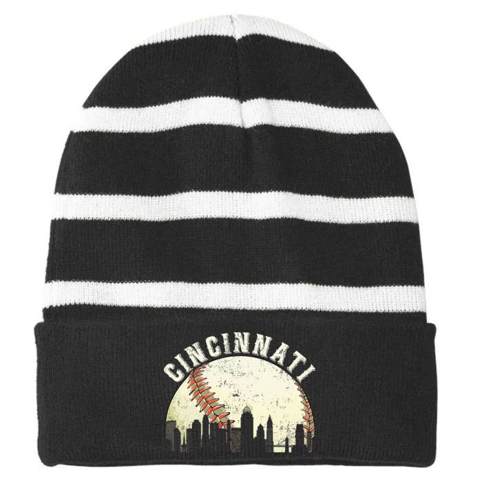 Vintage Cincinnati Cityscape Baseball Lover Striped Beanie with Solid Band