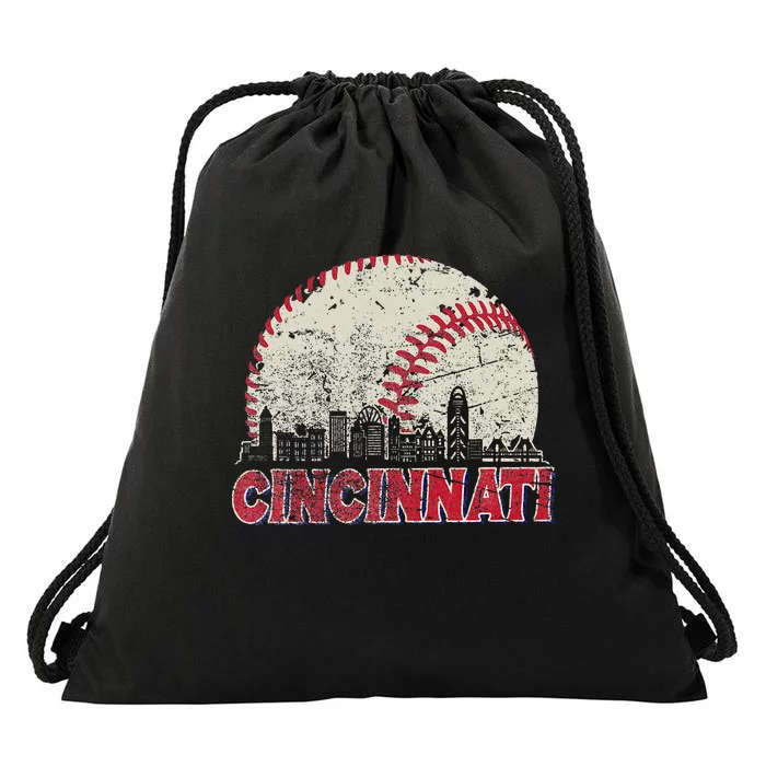 Vintage Cincinnati Cityscape Baseball Lover Drawstring Bag