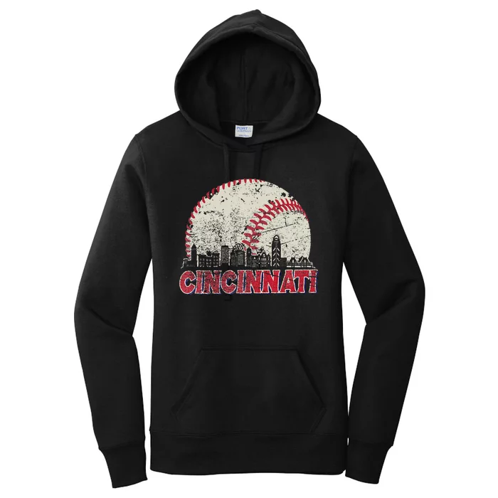 Vintage Cincinnati Cityscape Baseball Lover Women's Pullover Hoodie