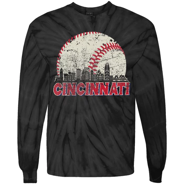 Vintage Cincinnati Cityscape Baseball Lover Tie-Dye Long Sleeve Shirt