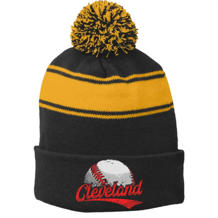 Vintage Cleveland Cityscape Baseball Lover For Men Women Kids Stripe Pom Pom Beanie