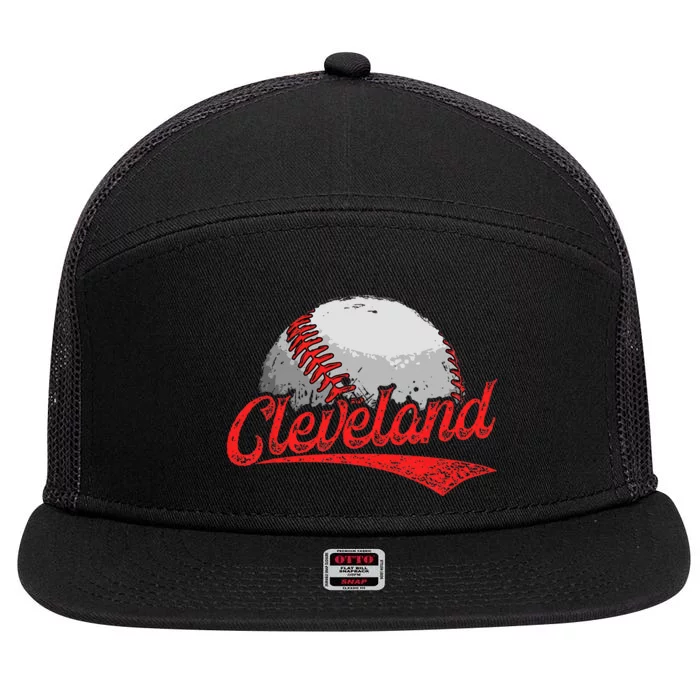 Vintage Cleveland Cityscape Baseball Lover For Men Women Kids 7 Panel Mesh Trucker Snapback Hat