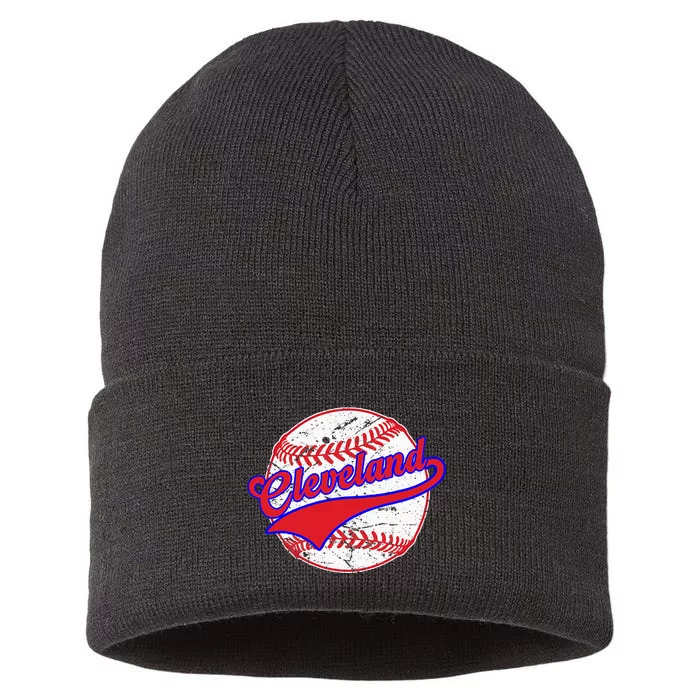 Vintage Cleveland Cityscape Baseball Lover For Men Women Kids Sustainable Knit Beanie