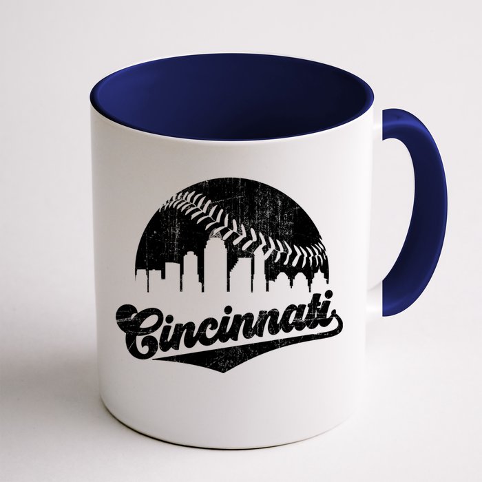 Vintage Cincinnati Cityscape Baseball Lover Front & Back Coffee Mug