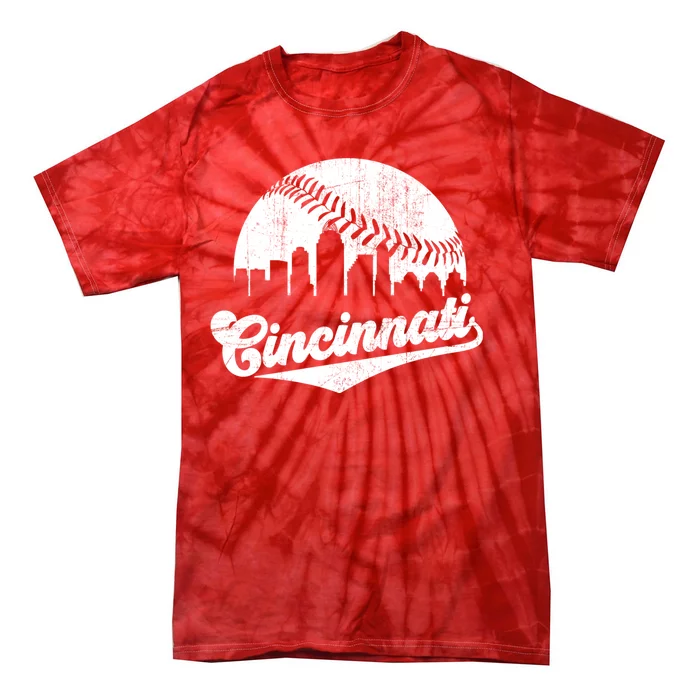 Vintage Cincinnati Cityscape Baseball Lover Tie-Dye T-Shirt