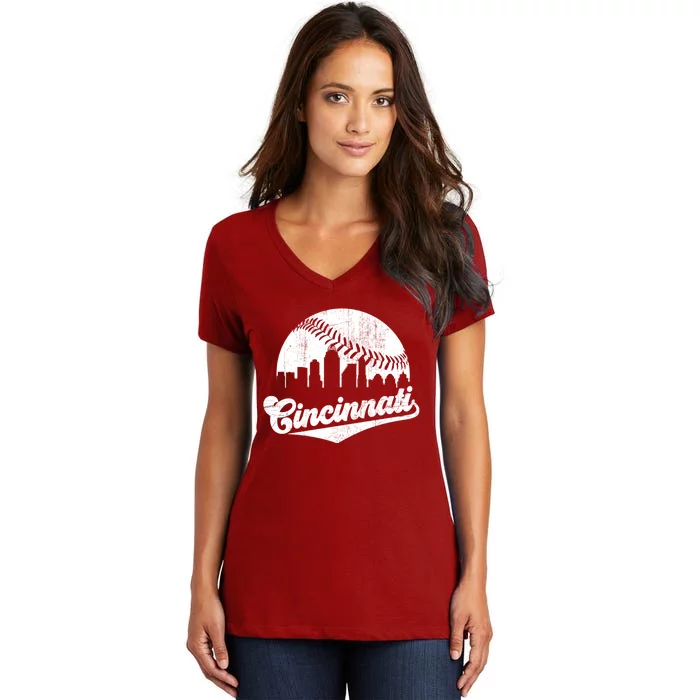 Vintage Cincinnati Cityscape Baseball Lover Women's V-Neck T-Shirt