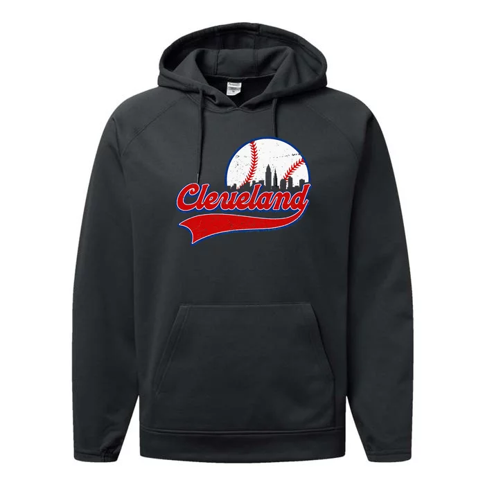 Vintage Cleveland City Downtown Skylines Baseball Fans Lover Performance Fleece Hoodie