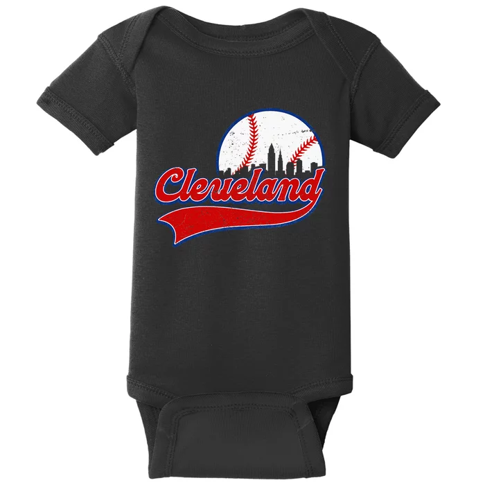 Vintage Cleveland City Downtown Skylines Baseball Fans Lover Baby Bodysuit