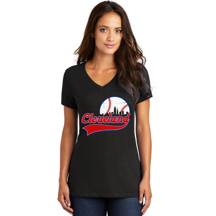 Vintage Cleveland City Downtown Skylines Baseball Fans Lover Women's V-Neck T-Shirt