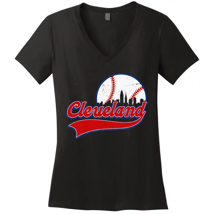 Vintage Cleveland City Downtown Skylines Baseball Fans Lover Women's V-Neck T-Shirt