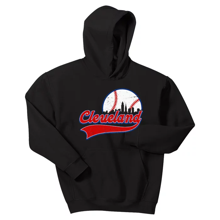 Vintage Cleveland City Downtown Skylines Baseball Fans Lover Kids Hoodie