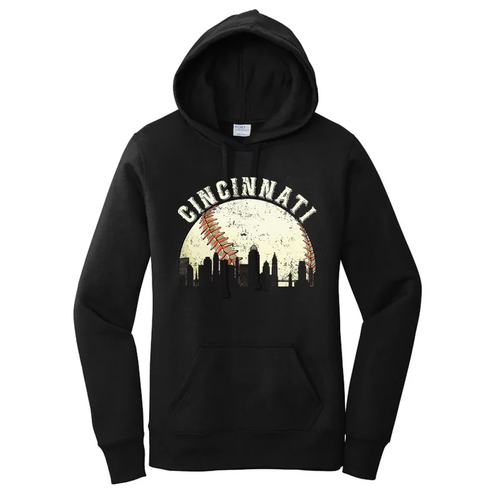 Vintage Cincinnati Cityscape Baseball Lover Women's Pullover Hoodie