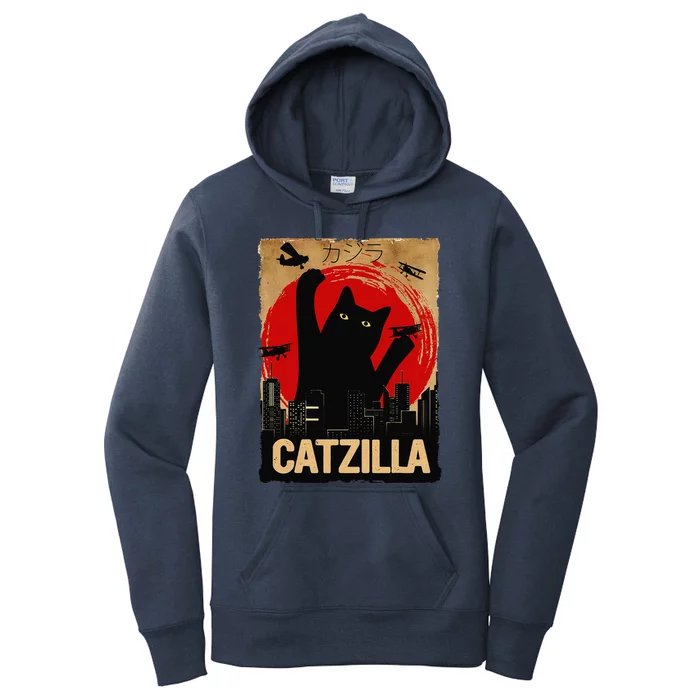 Vintage Catzilla Cat Lovers City Attack Funny Cat Women's Pullover Hoodie