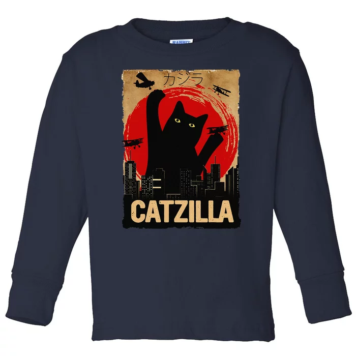 Vintage Catzilla Cat Lovers City Attack Funny Cat Toddler Long Sleeve Shirt