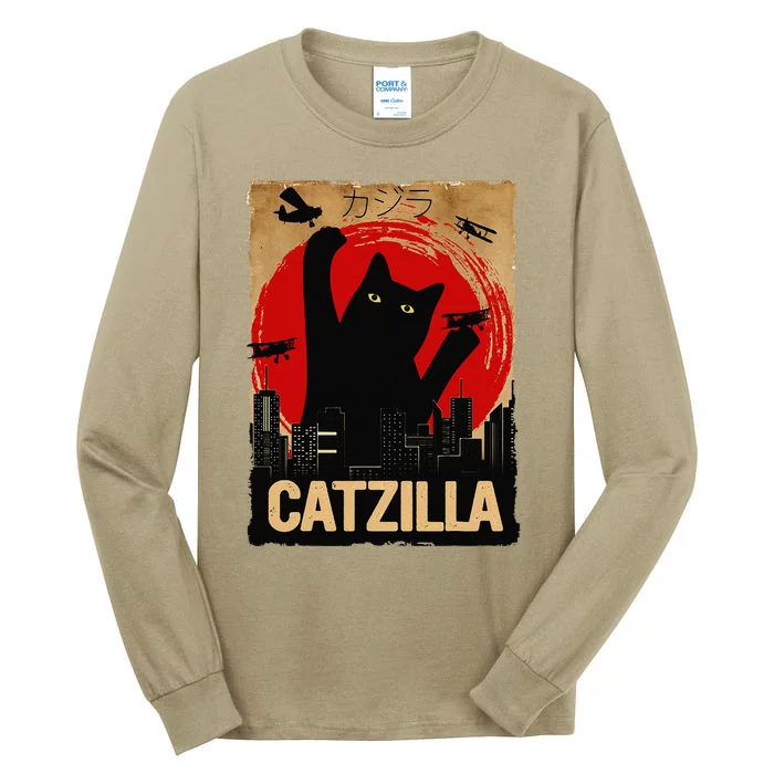 Vintage Catzilla Cat Lovers City Attack Funny Cat Tall Long Sleeve T-Shirt