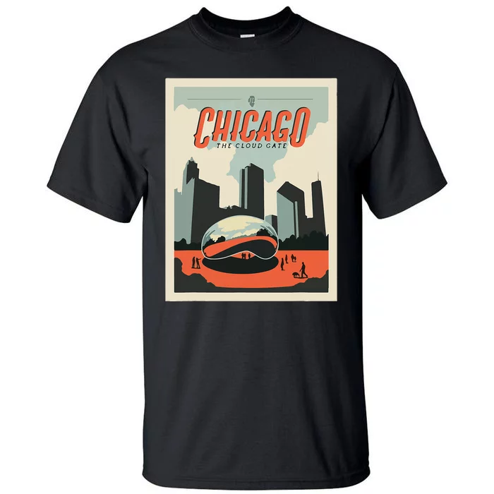 Vintage Chicago Cloud Gate Retro Poster Chicago Landscape Tall T-Shirt