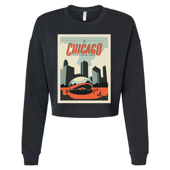 Vintage Chicago Cloud Gate Retro Poster Chicago Landscape Cropped Pullover Crew