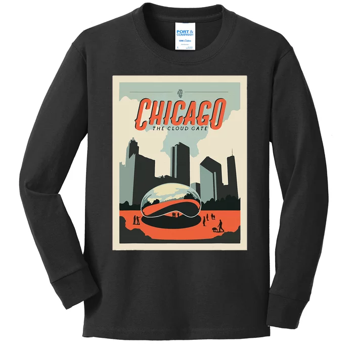 Vintage Chicago Cloud Gate Retro Poster Chicago Landscape Kids Long Sleeve Shirt