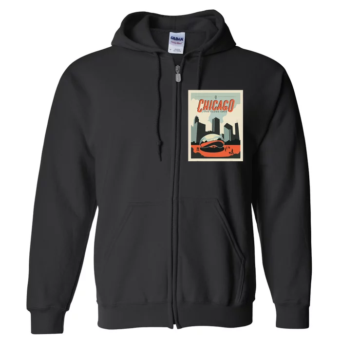 Vintage Chicago Cloud Gate Retro Poster Chicago Landscape Full Zip Hoodie