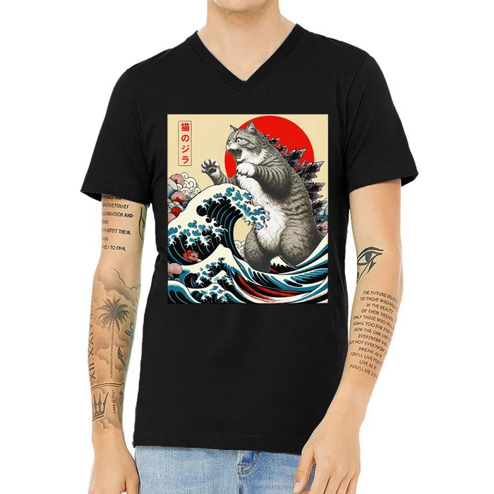 Vintage Catzilla Cat Monster Art V-Neck T-Shirt