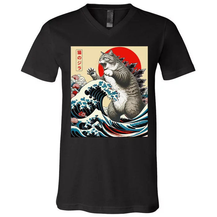 Vintage Catzilla Cat Monster Art V-Neck T-Shirt