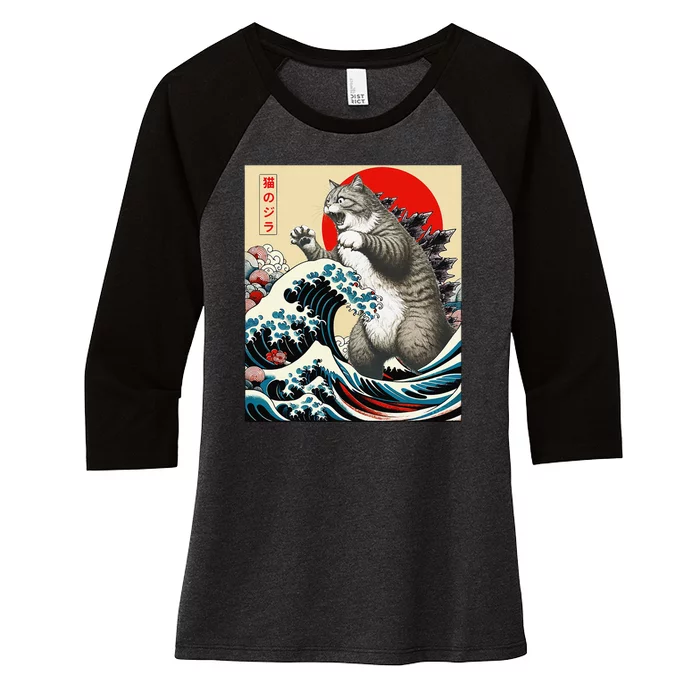 Vintage Catzilla Cat Monster Art Women's Tri-Blend 3/4-Sleeve Raglan Shirt