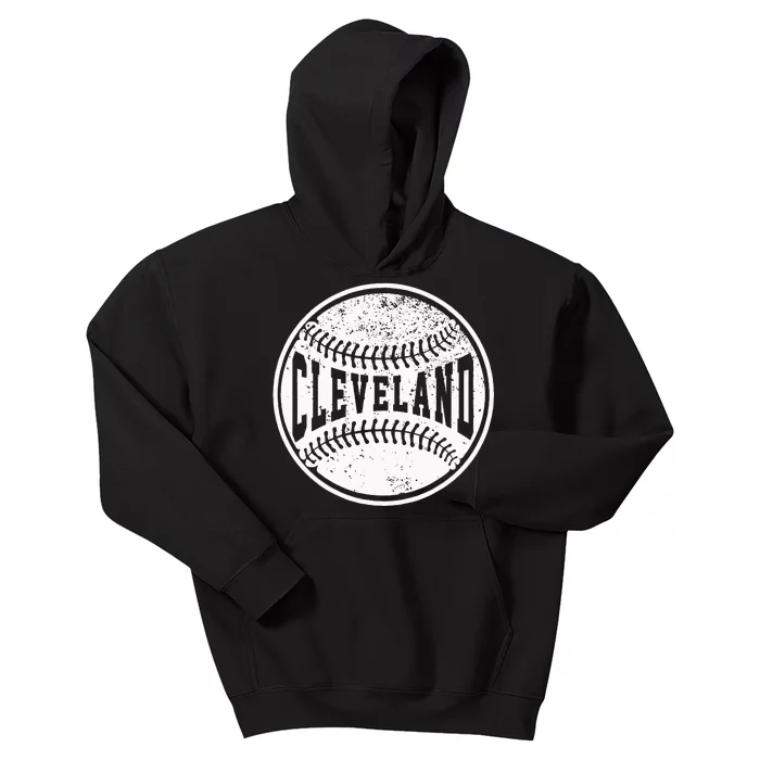 Vintage Cleveland Cityscape Baseball Lover Player And Fans Kids Hoodie