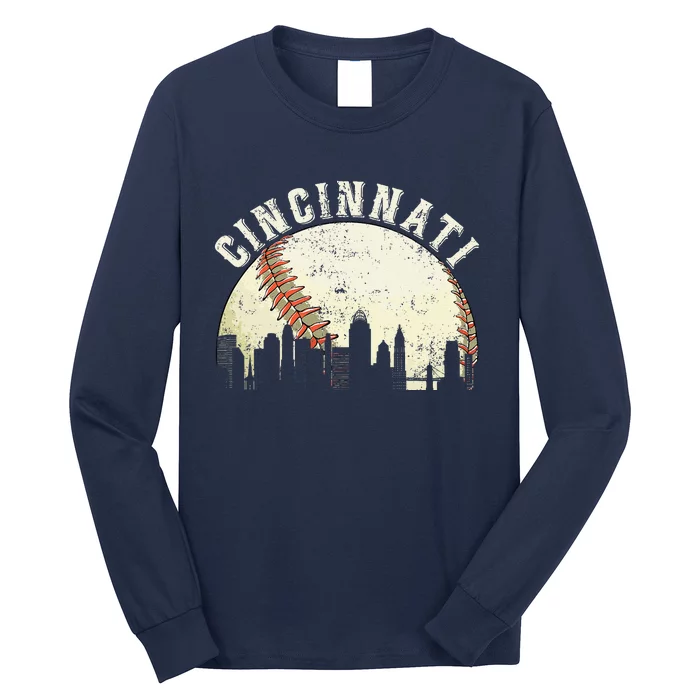 Vintage Cincinnati Cityscape Baseball Lover Long Sleeve Shirt