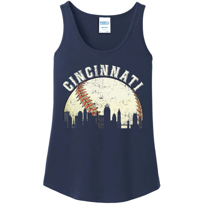 Vintage Cincinnati Cityscape Baseball Lover Ladies Essential Tank