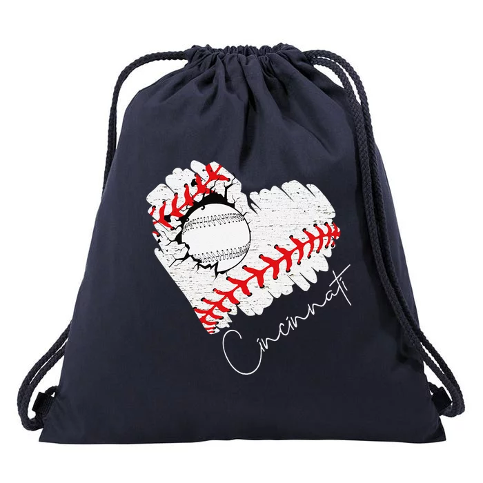 Vintage Cincinnati Cracked Heart Baseball I Love Cincinnati Drawstring Bag