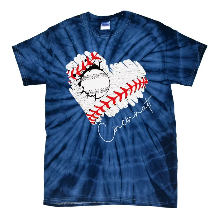 Vintage Cincinnati Cracked Heart Baseball I Love Cincinnati Tie-Dye T-Shirt