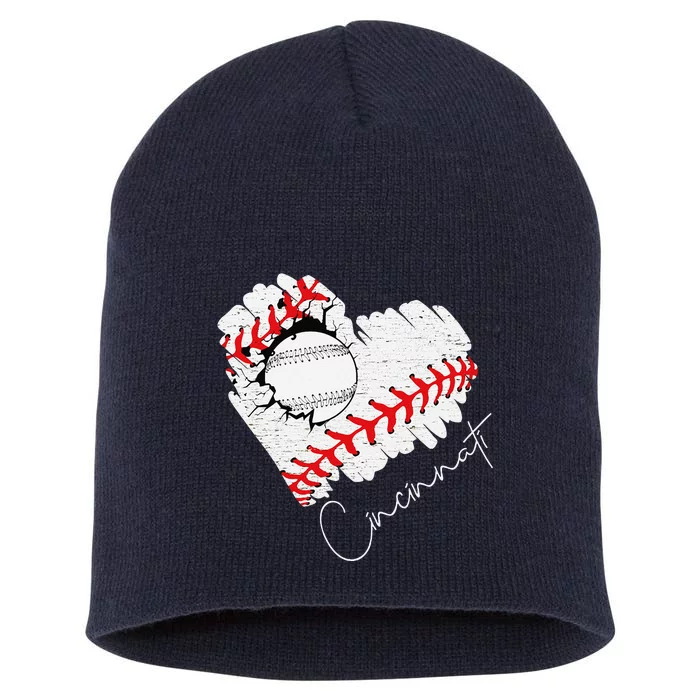 Vintage Cincinnati Cracked Heart Baseball I Love Cincinnati Short Acrylic Beanie