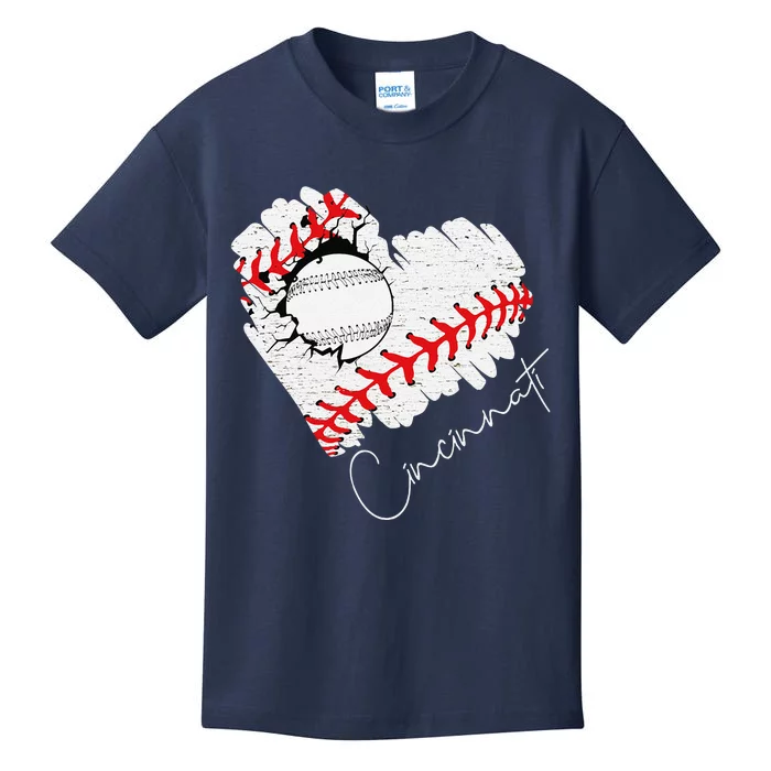 Vintage Cincinnati Cracked Heart Baseball I Love Cincinnati Kids T-Shirt