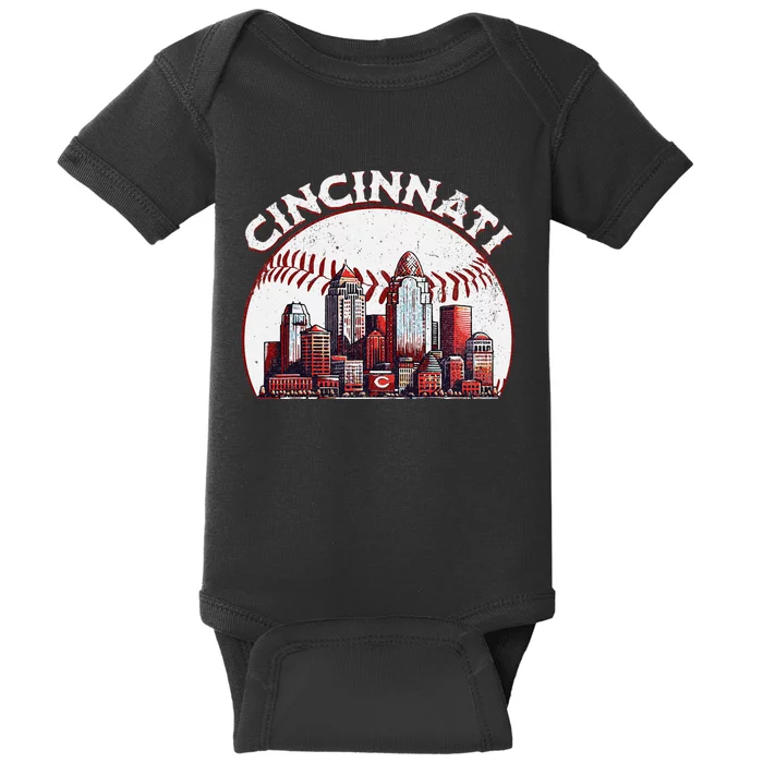 Vintage Cincinnati Cityscape Baseball Lover Gift Baby Bodysuit