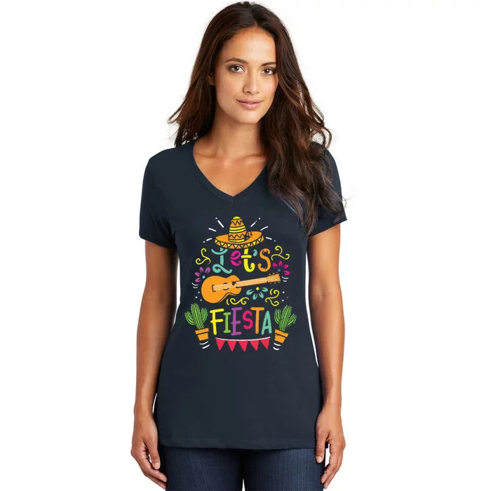 Vintage Cinco De Mayo Cactus Sombrero Guitar Women's V-Neck T-Shirt