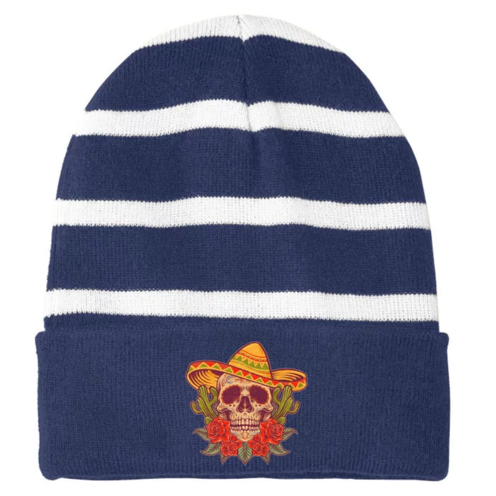 Vintage Cinco De Mayo Sombrero Skull Striped Beanie with Solid Band