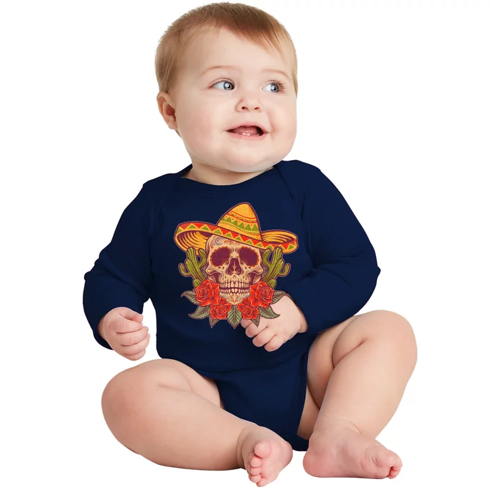 Vintage Cinco De Mayo Sombrero Skull Baby Long Sleeve Bodysuit