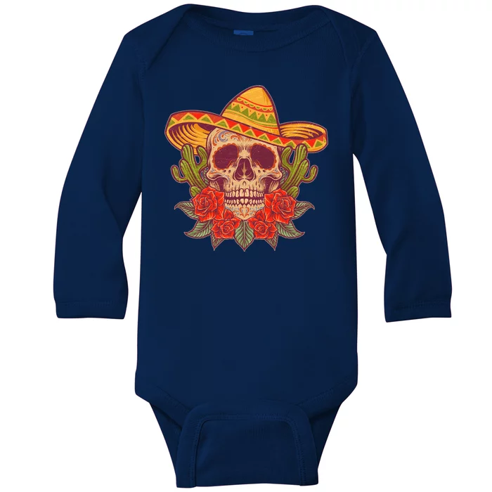 Vintage Cinco De Mayo Sombrero Skull Baby Long Sleeve Bodysuit