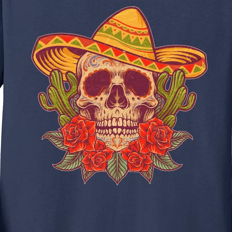 Vintage Cinco De Mayo Sombrero Skull Kids Long Sleeve Shirt