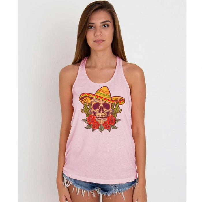 Vintage Cinco De Mayo Sombrero Skull Women's Knotted Racerback Tank