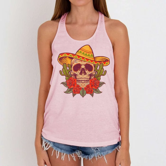 Vintage Cinco De Mayo Sombrero Skull Women's Knotted Racerback Tank