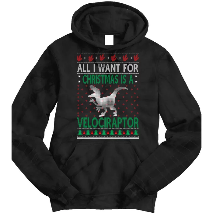 Velociraptor Christmas Dinosaur Ugly Christmas Style Tie Dye Hoodie