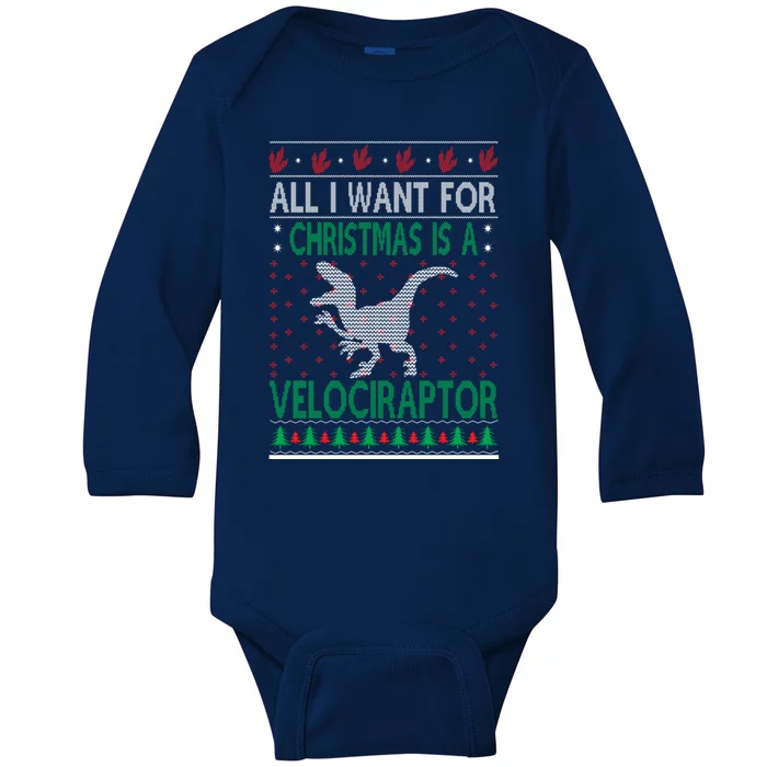 Velociraptor Christmas Dinosaur Ugly Christmas Sweater Style Funny Gift Baby Long Sleeve Bodysuit